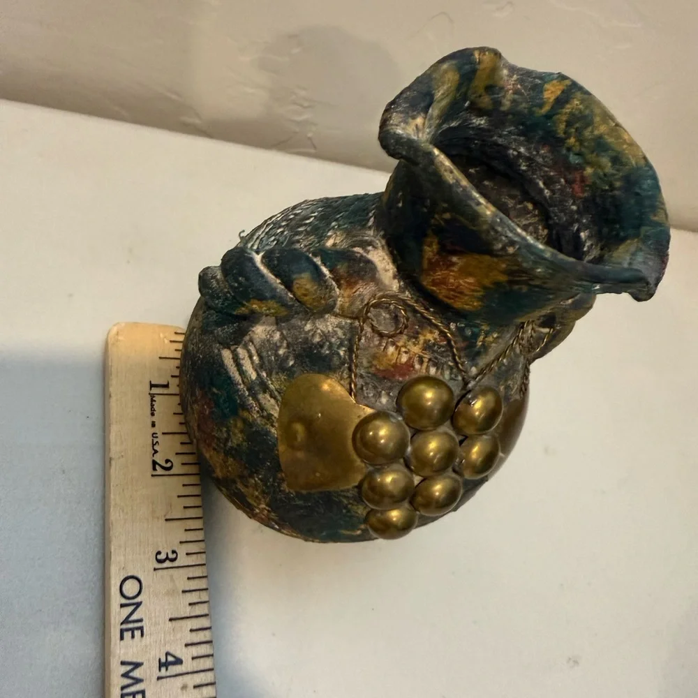 Pottery Vintage Vase Brass and Copper Accents Loop‎ Handles Primitive Folk Art